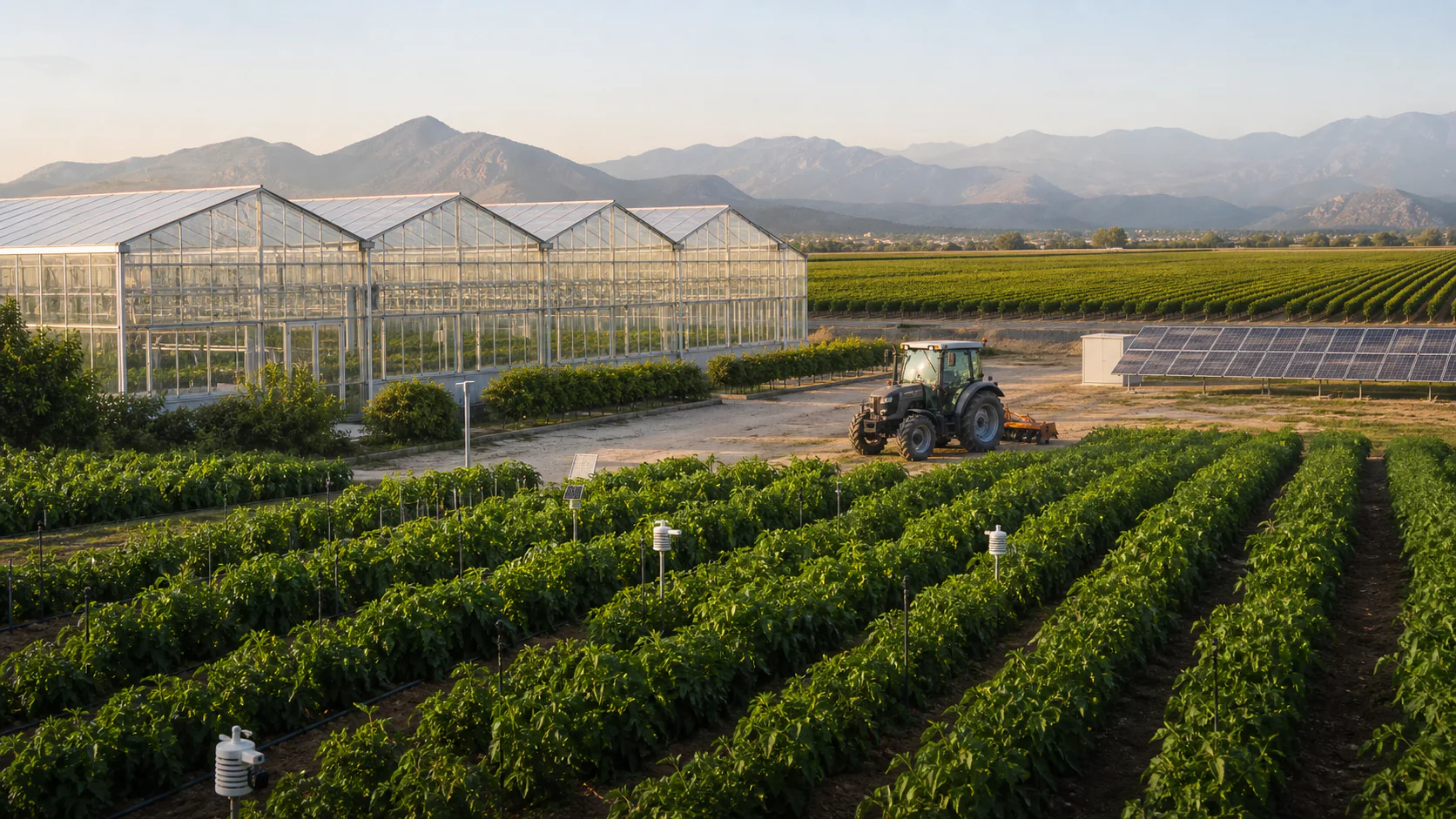 A commercial agricultural project combining modern greenhouses, precision irrigation, field machinery, sensors and solar energy